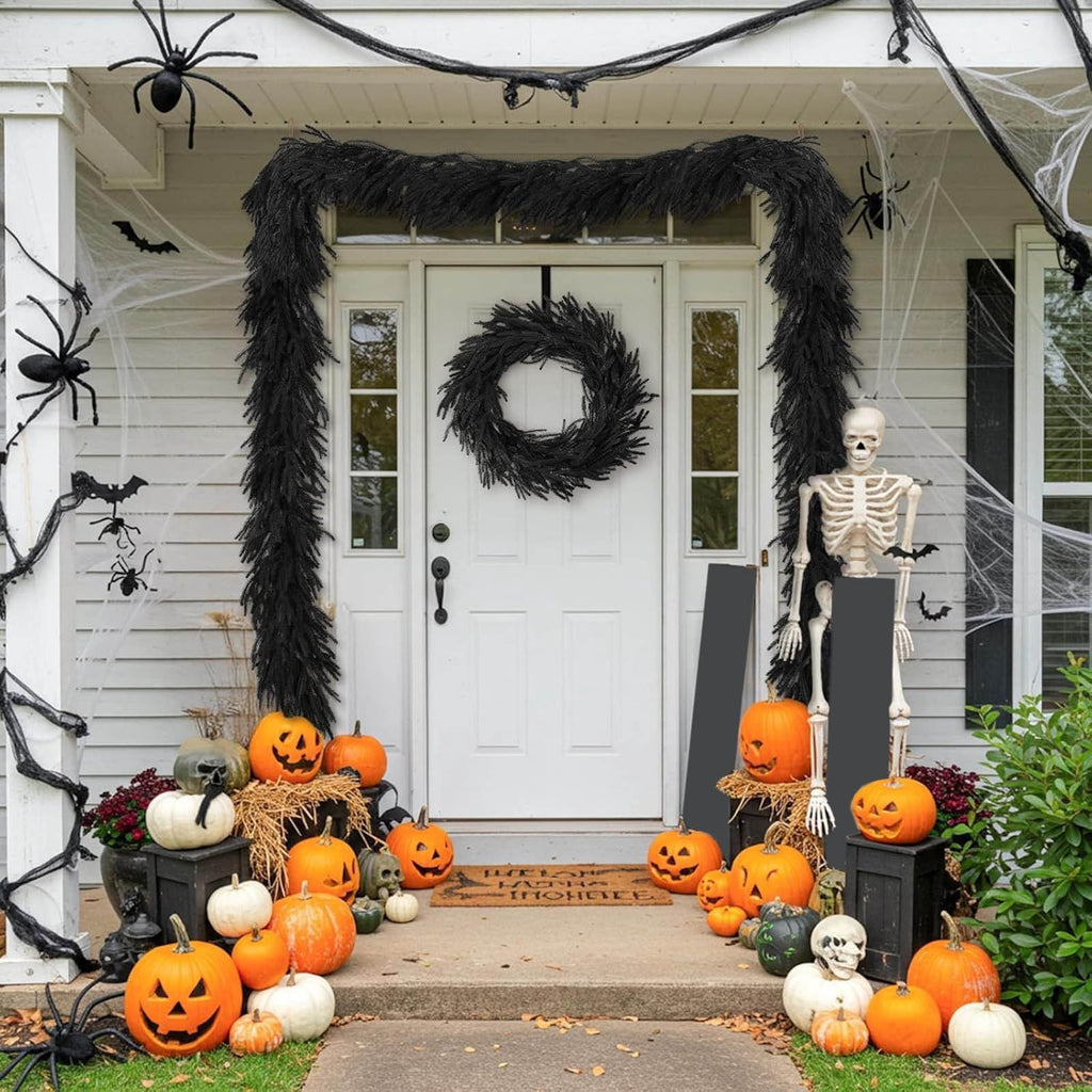 SDJMa 8.86ft Black Artificial Norfolk Pine Garland, Thickened Halloween Garland for Indoor Outdoor Fireplace Mantle Table Stairs Decor