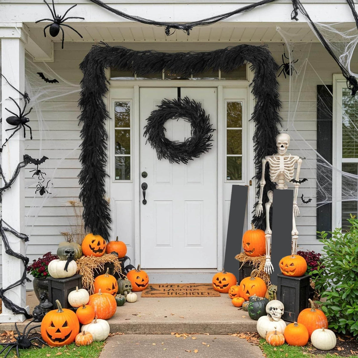 SDJMa 8.86ft Black Artificial Norfolk Pine Garland, Thickened Halloween Garland for Indoor Outdoor Fireplace Mantle Table Stairs Decor