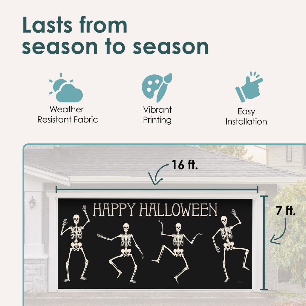 7' x 16' Skeletons Halloween Garage Door Banner - Lively & Spooky Double Garage Door Decorations