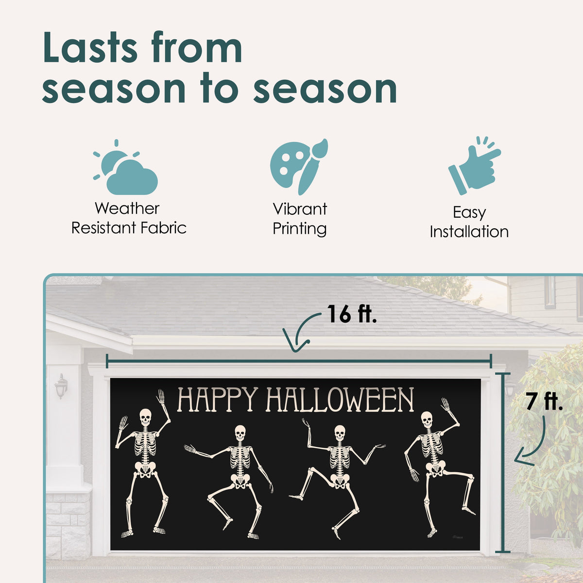 7' x 16' Skeletons Halloween Garage Door Banner - Lively & Spooky Double Garage Door Decorations