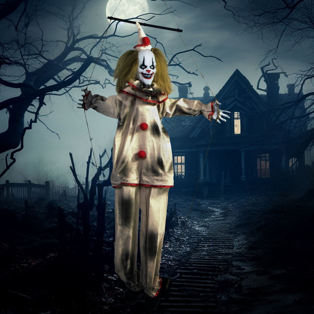 Haunted Hill Farm Animatronic 4.6-Ft. Swinging Clown with Lights and Sound, Indoor or Covered Outdoor Halloween Decoration