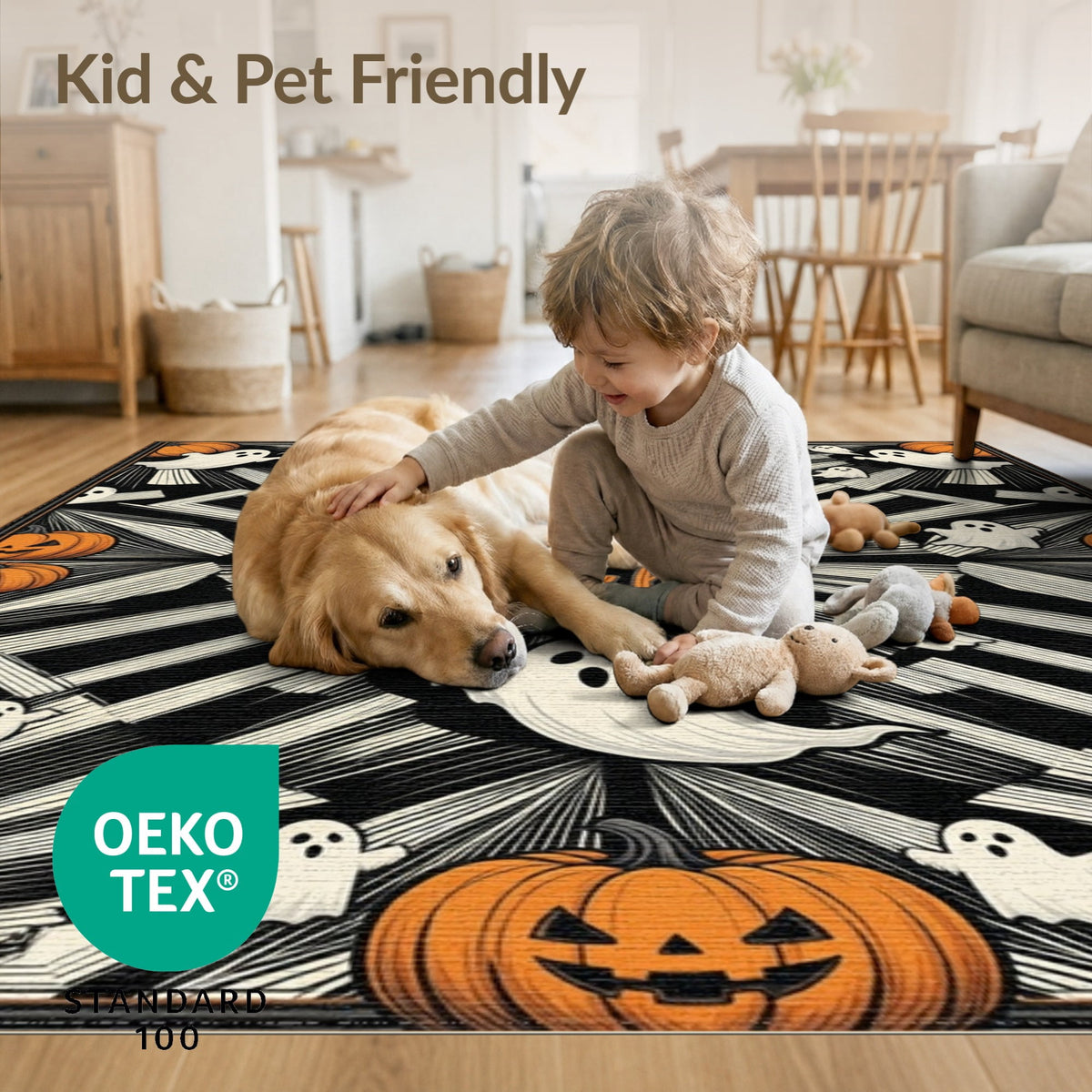 ODIKA Halloween Spooky Pumpkin Phantom Striped Entrance Door Doormat for Playroom, Bedroom, Reading Nook, Pet Friendly & Kids Safe Play