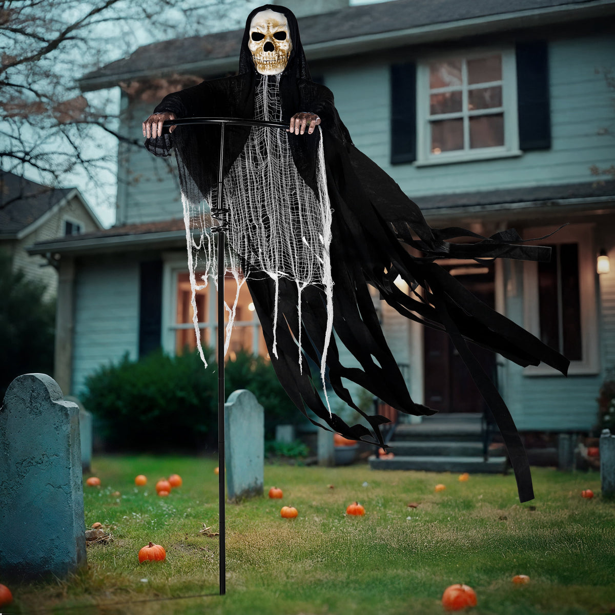 Joyfy 67"(5.6ft) Standing Grim Reaper with Chain, Large Halloween Decorations Outdoor, Life Size Animatronics Skelton, Sound-Actived Party Decor with Creepy Sound & LED Eyes, Scary Haunted House Prop