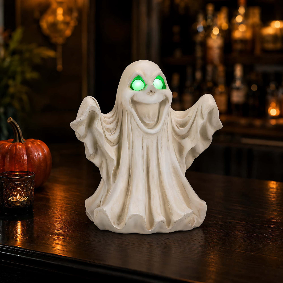 Halloween Ghost Statue with LED Glowing Eyes, Resin Ghost Figurine Tabletop Decor for Indoor Home, Mantel, Shelf, Entryway and Halloween Party Display
