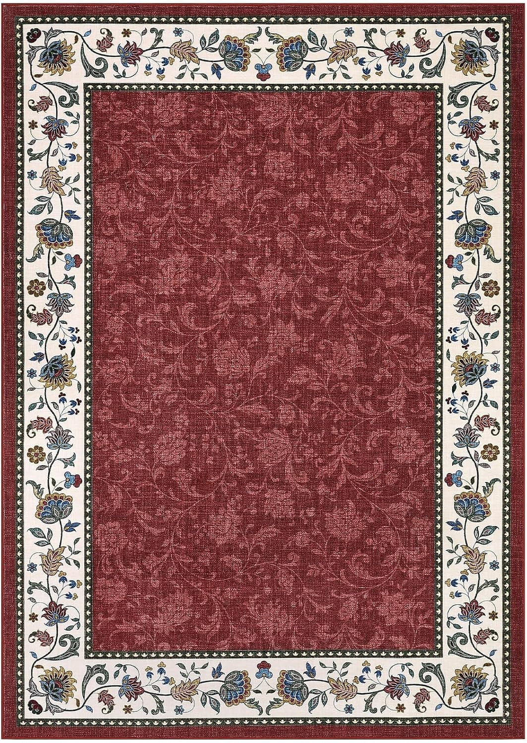 Large Living Room Rug 10x13 Non-Slip Floral Indoor Carpet Washable Floral Bordered Floor Mat Low Pile Non-Shedding Foldable Neutral Bedroom Rugs for Dining Room Nursery Home Office Red