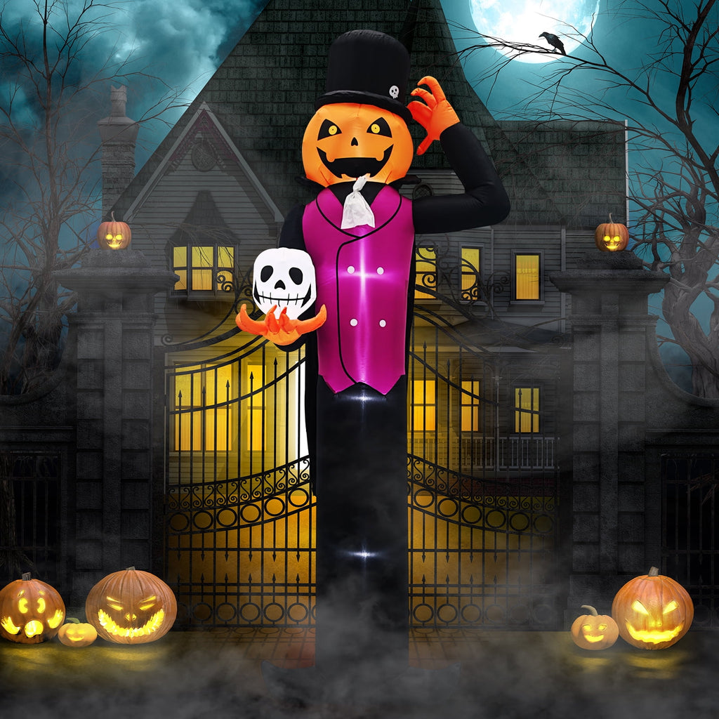 UBesGoo 12' Halloween Inflatable Blow Up Decorations, Pumpkin Man Holding Skull Built-in LEDs for Holiday Party