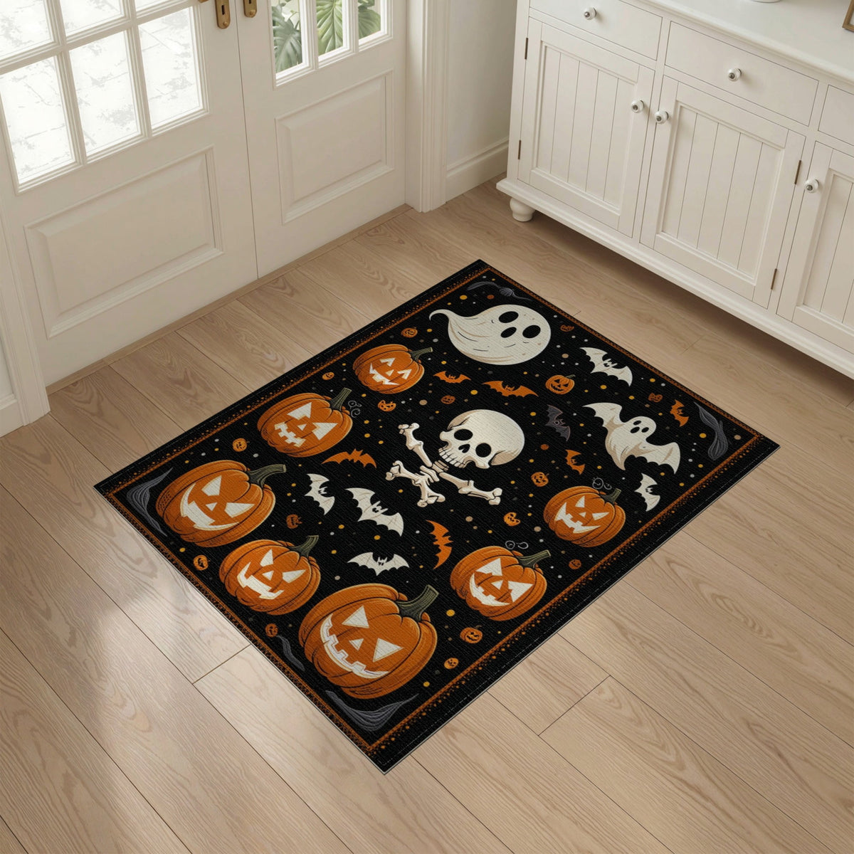 ODIKA Halloween Ghost Pumpkin Bat Skull Welcome Doormat Fiber Door for Dorm Room, Small Living Apartment, Stain Resistant Low Profile
