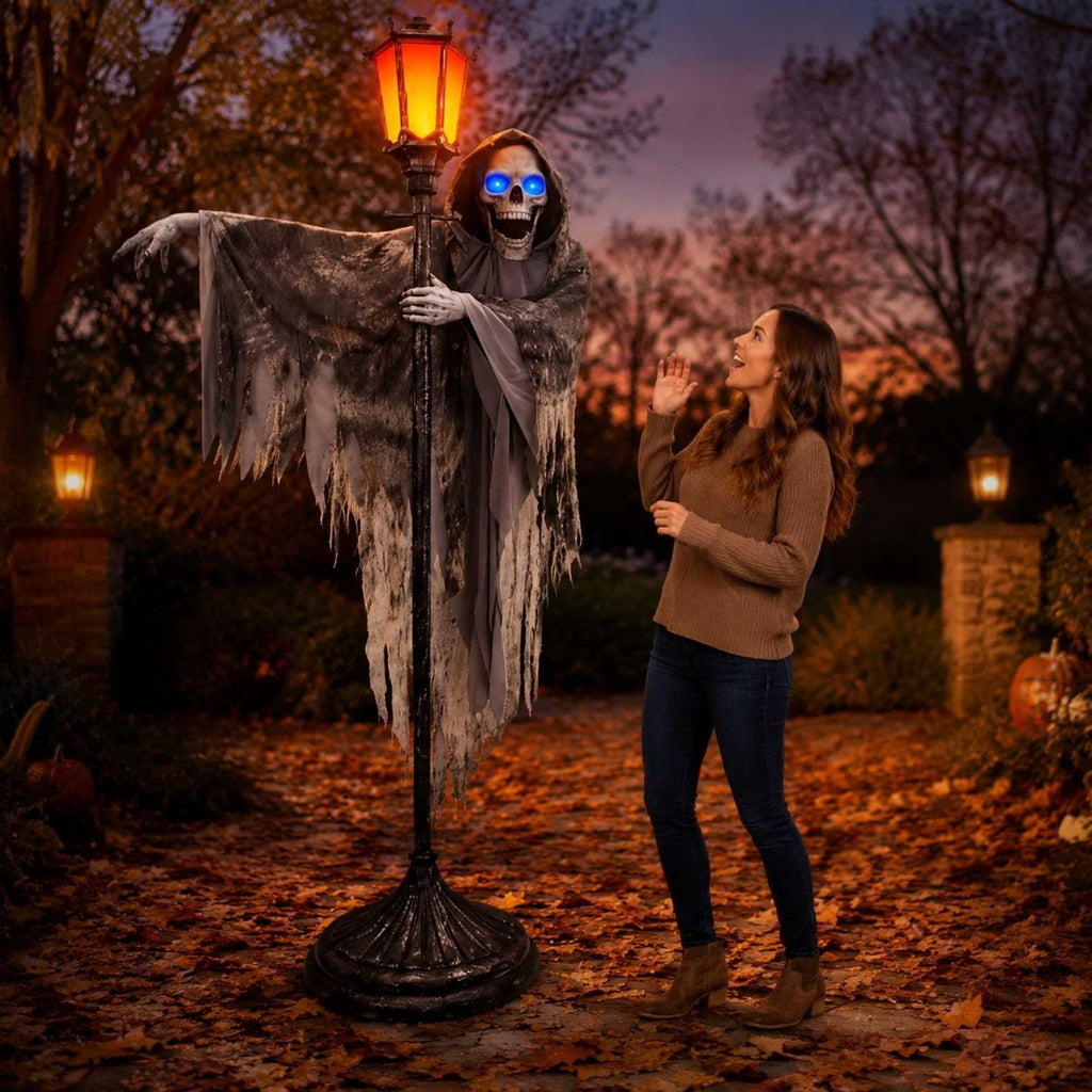 Lypsnake Halloween Ghost Street Lamp Decor,Light Up Grim Reaper Statue With Tattered Gauze Robe Illuminated Blue Eyes & Vintage Lantern,Hooded Skeleton Floor Figurine for Yard Patio Front Porch Road