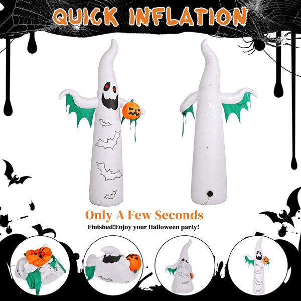Alvantor 11.8 ft Ghost Halloween Inflatable with Pumpkin, 4 LED Lights and 82-Light Flashing Bat String, White and Green