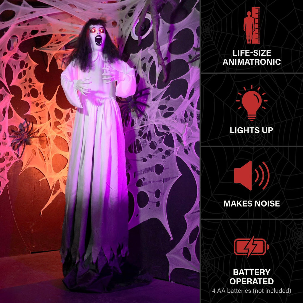 Haunted Hill Farm Red LED Battery-Powered (4 AA) Standing Raising Lady Halloween Animatronic 5.9-ft.