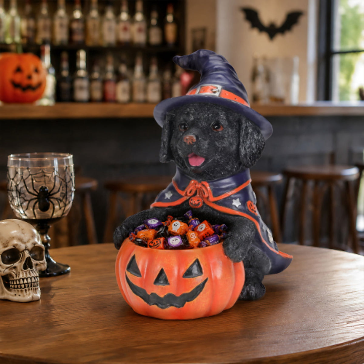 SpookHaven Halloween Jack‑O‑Lantern Pumpkin Mist Sprayer Figurine, LED Light‑Up Fogger with Witch Hat & Skull Decoration, Spooky Ornament for Tabletop Entryway Halloween Party Home Decor