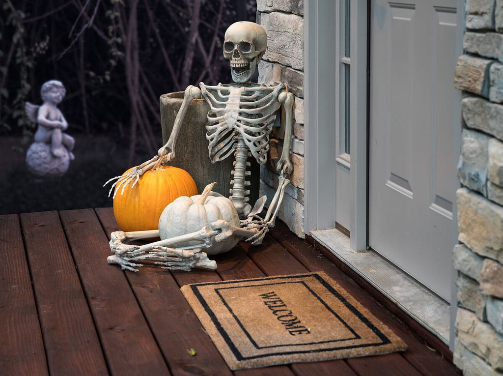 OZMI 5' 4" Tall Halloween Skeleton Decoration for Haunted House, 63 Inch Plastic Life Size Skull Skeleton for Halloween Party Haunted House Bar Yard Graveyard Decorations Party Supplies