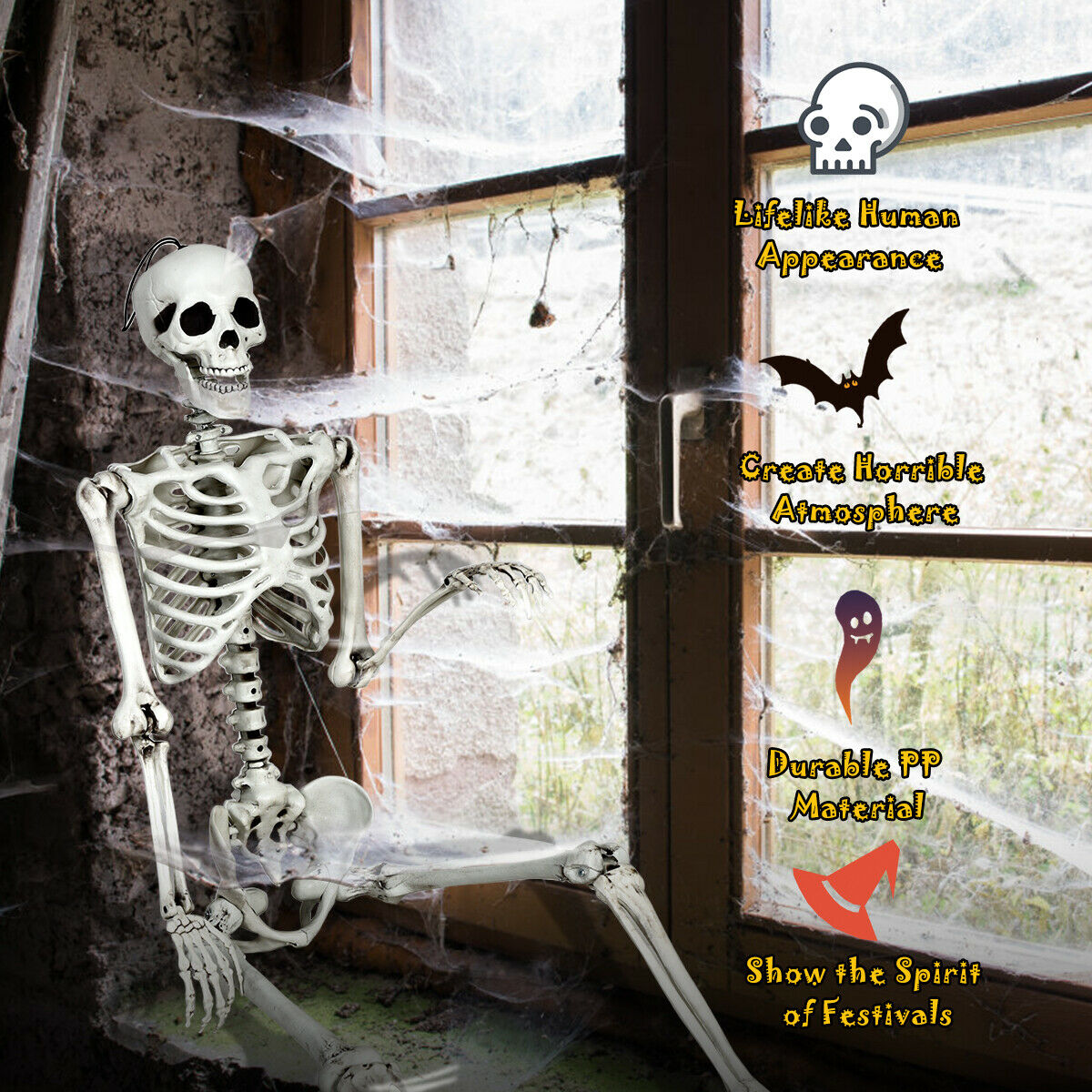 Gymax Full Body Halloween Skeleton 5.4ft Life Size w/ Hanging Rope Movable Joints