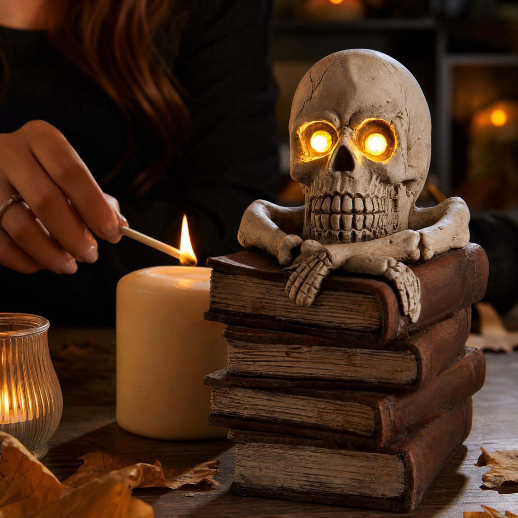Halloween Light Up Skull Decoration Glowing Eyes Skeleton Figurine on Spell Books, Spooky Creepy Statue for Home Party Tabletop Decor