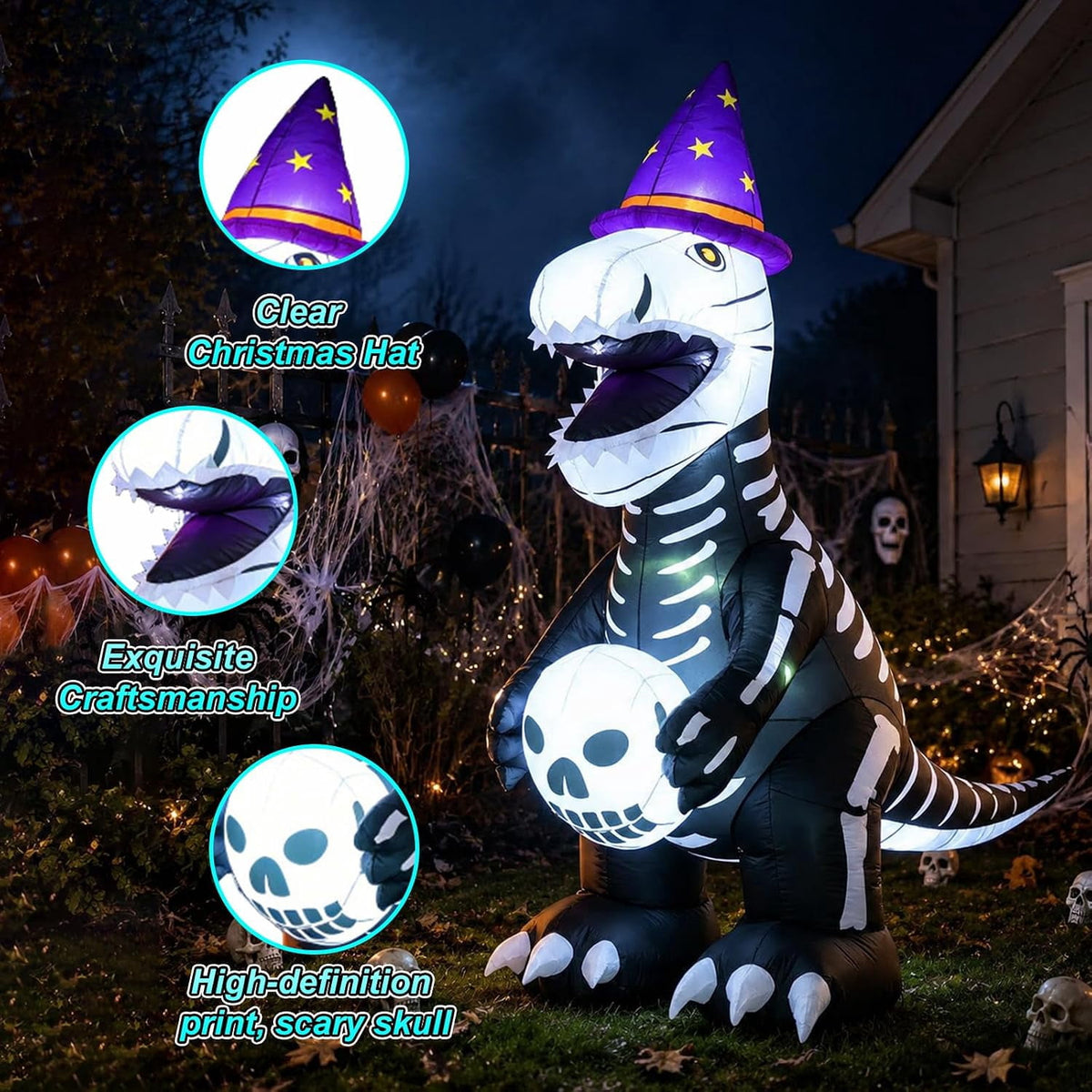 7.9 FT Halloween Inflatable Skeleton Dinosaur Outdoor Decoration, Giant Black and White Dino Yard Decor with LED Light for Lawn, Porch, Party, Haunted House Display