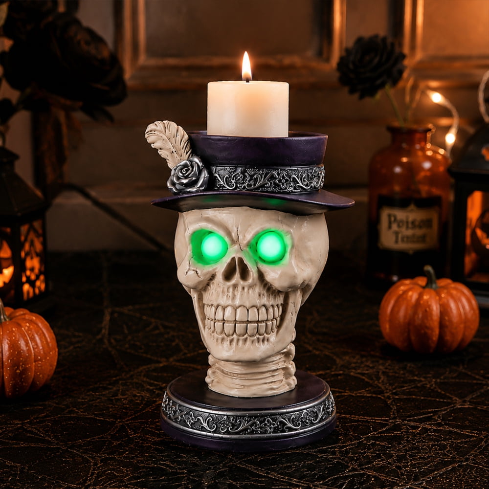 Halloween Skeleton Butler Floor Statue with Serving Tray & Black Cat, Resin Gothic Home Decor for Entryway Porch Living Room