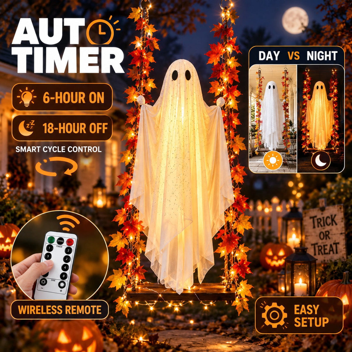 Hanging Light Up Ghost Decor with Remote LED Swing 5.3 ft