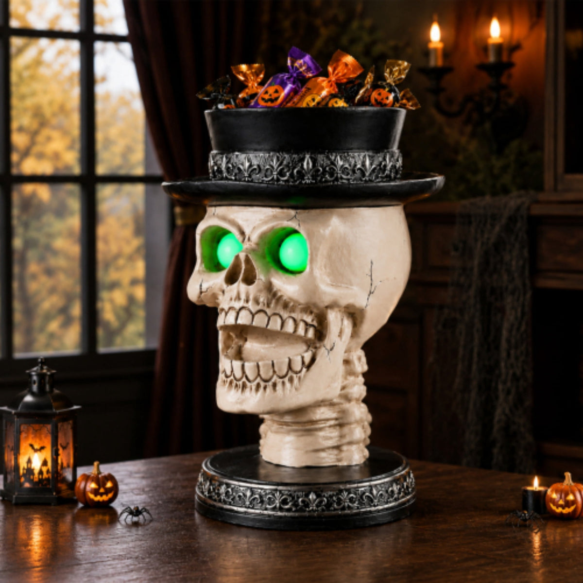 Halloween Skeleton Butler Floor Statue with Serving Tray & Realistic Black Cat, 35.43 Inch Gothic Resin Standing Decor for Entryway, Porch, Living Room, Halloween Party Home Decoration