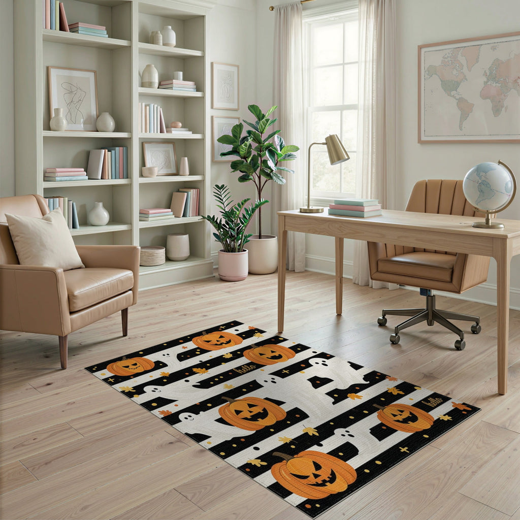 ODIKA Halloween Striped Pumpkin Ghost Farmhouse Welcome Fallc Door Pet Friendly & Kids Safe Play for Playroom, Bedroom, Reading Nook