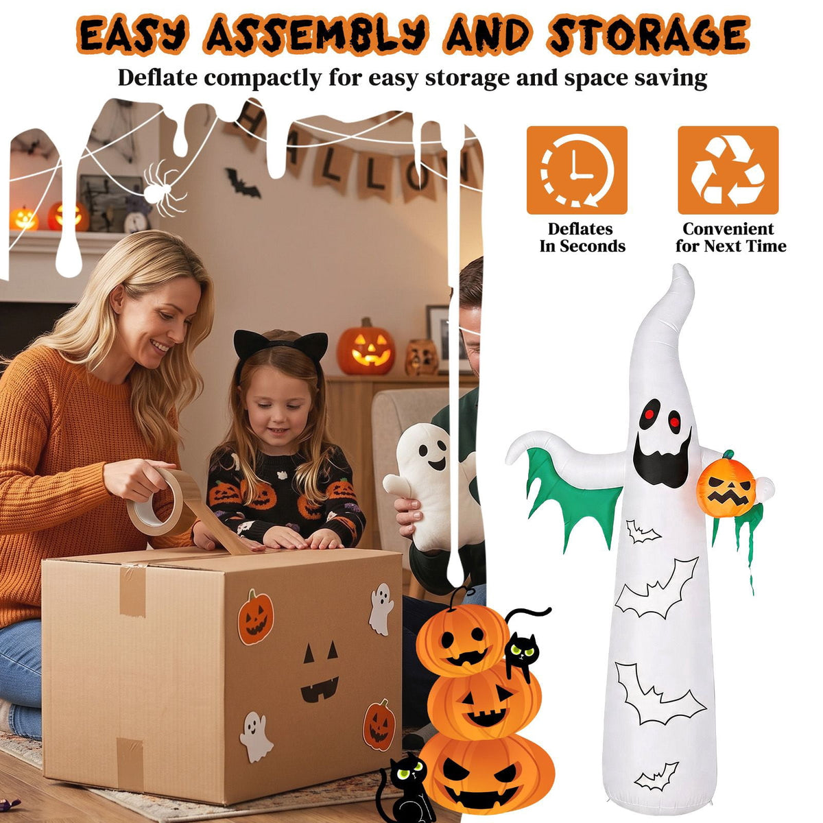 12FT Inflatable Ghost and Bat with 4 LED Lights 82 String Lights Flashing Halloween Yard Decor