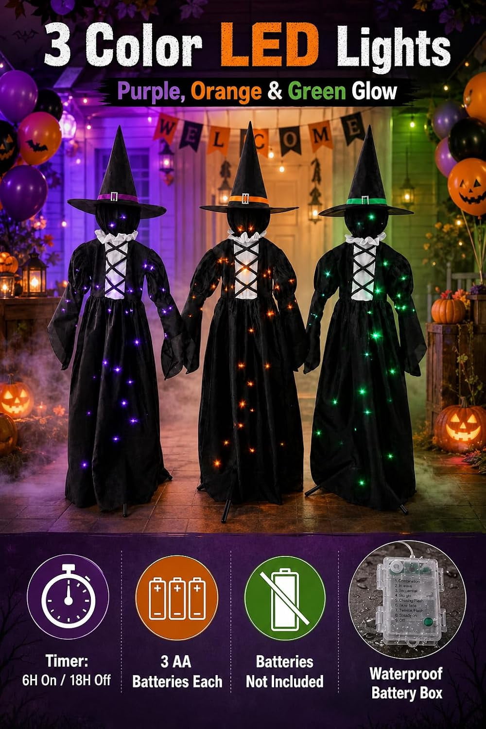 3 Lighted Witches Halloween Yard Decorations, 59 in