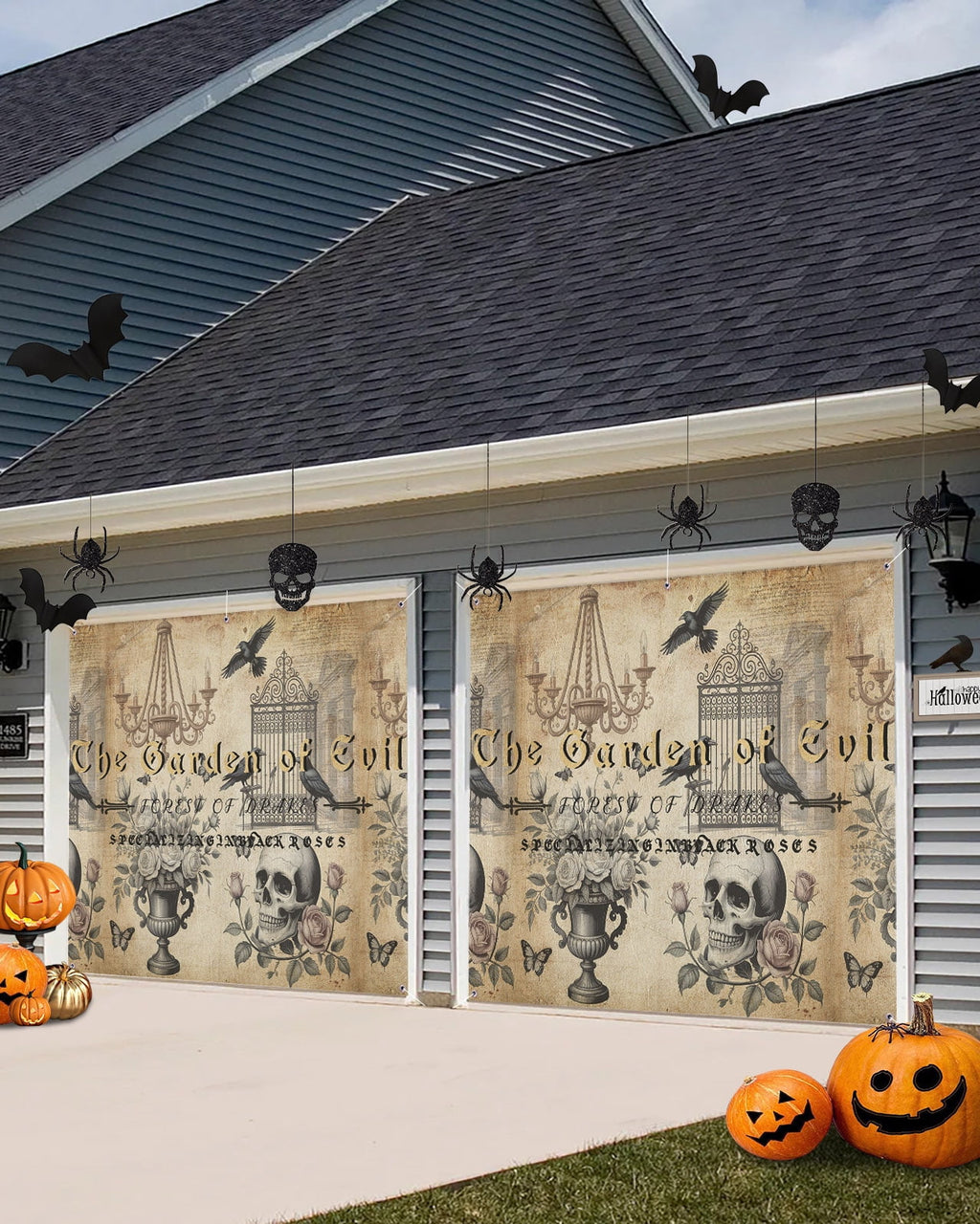 Vintage Skeletons Head Garage Door Banner Cover 7 x 16 ft Crows Halloween Rose Flower Candle Holders Garage Door Decoration Hanging Garage Door Cover Backdrop Wall Decoration for Outdoor Home Party