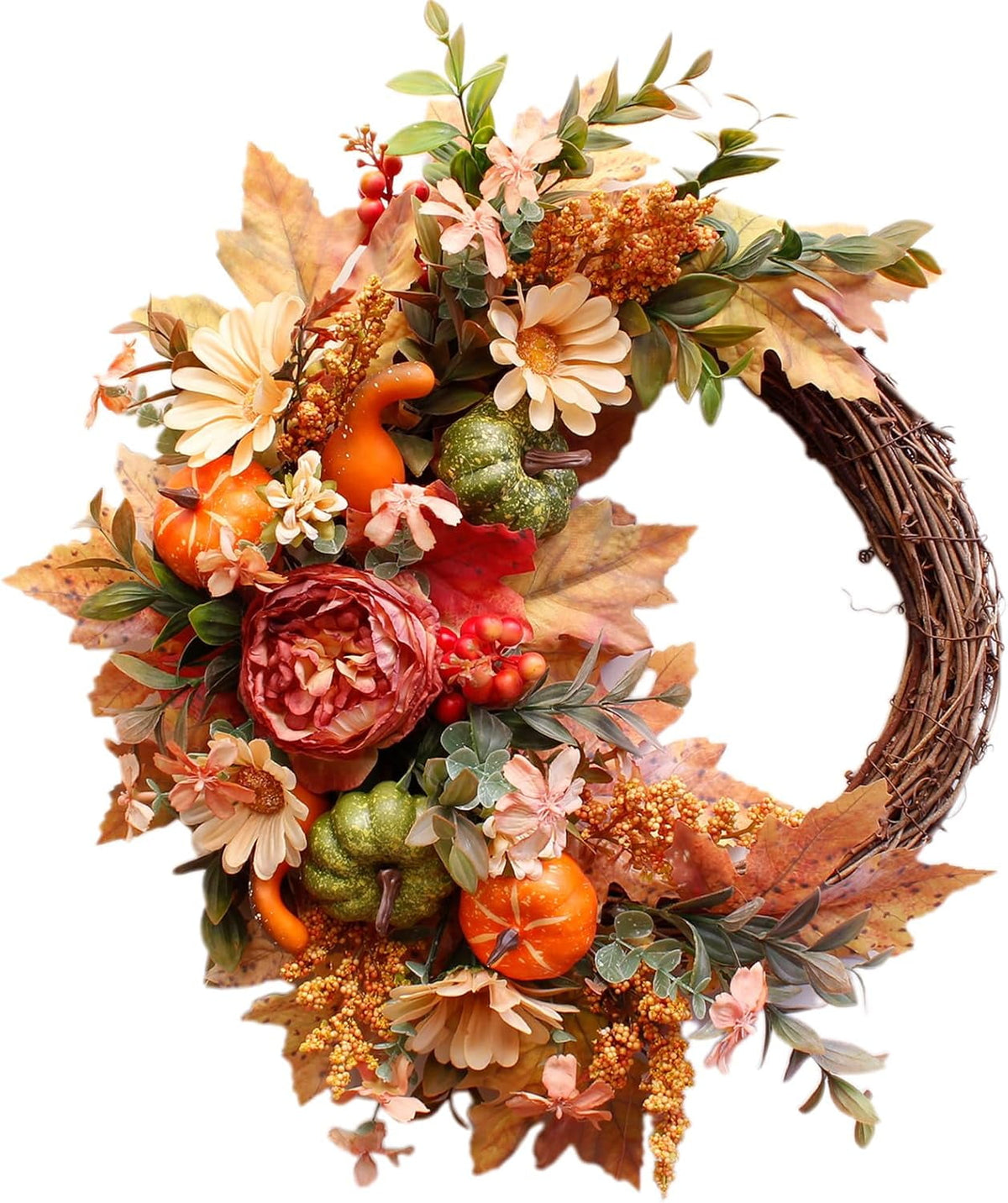 24 Inch Fall Wreaths for Front Door Outside, Fall Door Wreath with Pumpkins,Dahlia,Sunflowers, Maple Leaves,Autumn Wreaths Decorations for Harvest Thanksgiving Halloween Indoor Outdoor Home Decor