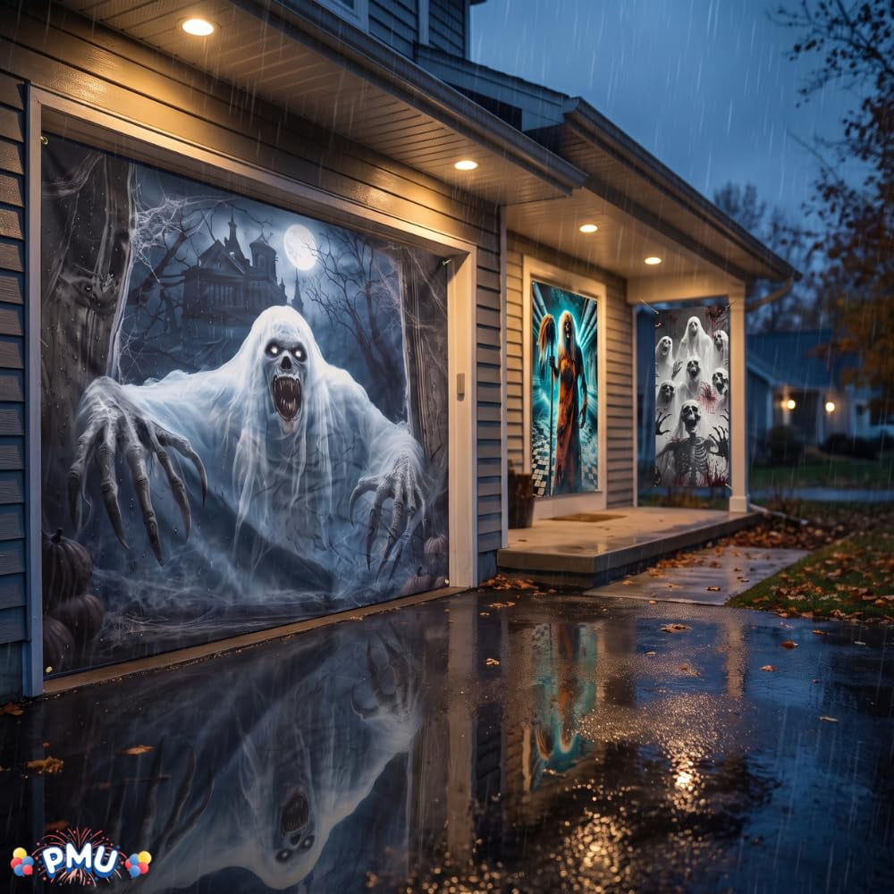 PMU 7-Piece Halloween Garage Door Cover Set, 16 x 7 ft, Skeleton Window & Door Decorations