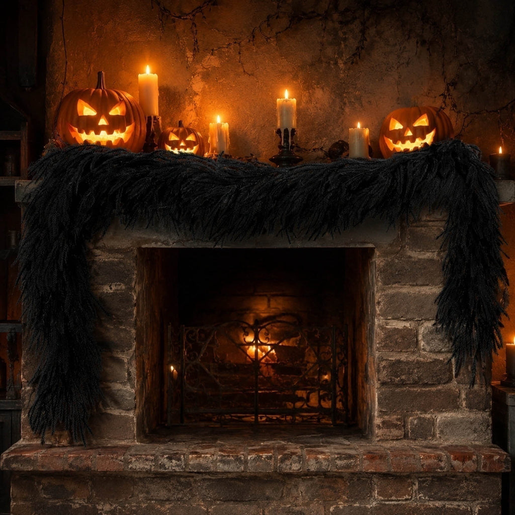 SDJMa 8.86ft Black Artificial Norfolk Pine Garland, Thickened Halloween Garland for Indoor Outdoor Fireplace Mantle Table Stairs Decor