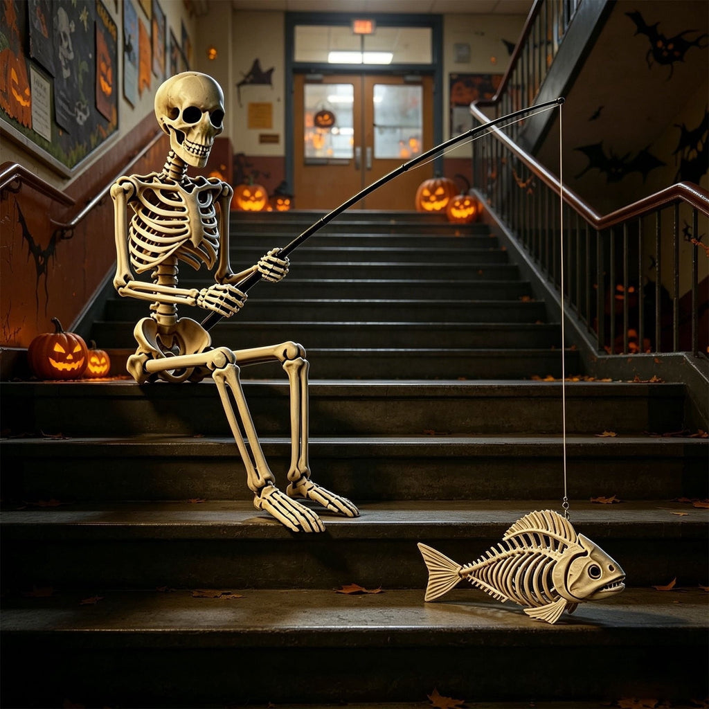 Fishing Skeleton Statue, 35'' Skeleton with 10'' Fish Skeleton, Resin Skull Fisher Sculpture for Aquarium and Garden Pond Edge Ornament Fish Tank Halloween Decorations