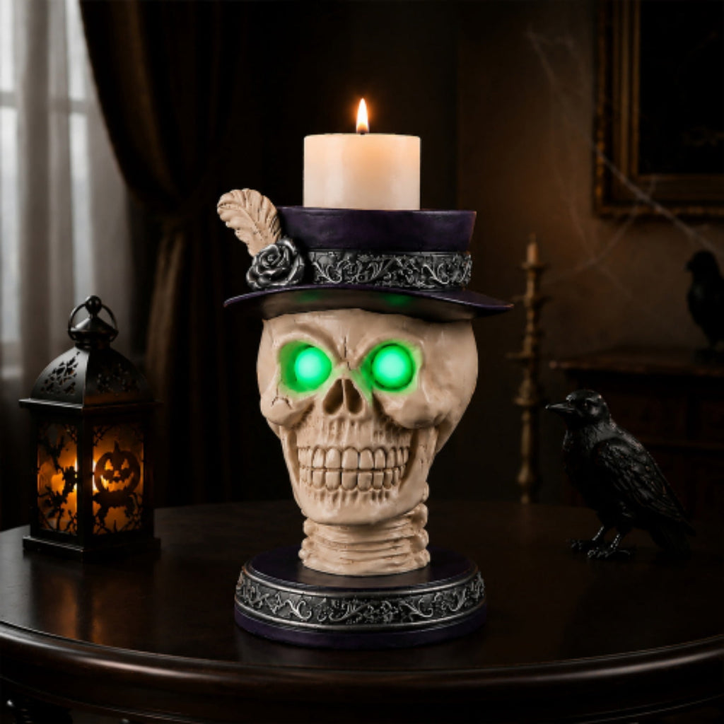 SpookHaven Halloween Jack‑O‑Lantern Pumpkin Mist Sprayer Figurine, LED Light‑Up Fogger with Witch Hat & Skull Decoration, Spooky Ornament for Tabletop Entryway Halloween Party Home Decor