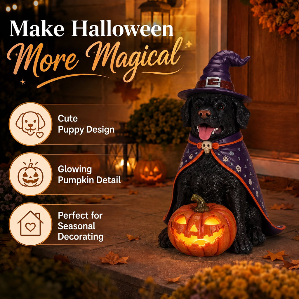 A7Store Halloween Golden Retrieve Dog Indoor Outdoor Porch Statue with Lighted Pumpkin, Pink Witch Hat and Cape