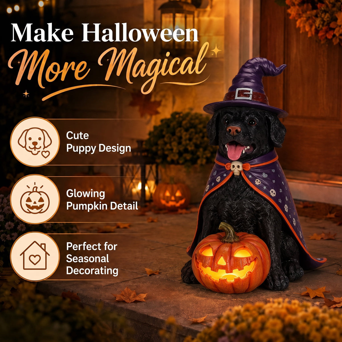 A7Store Halloween Golden Retrieve Dog Indoor Outdoor Porch Statue with Lighted Pumpkin, Pink Witch Hat and Cape