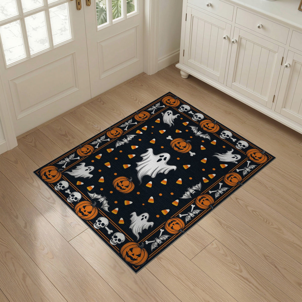 ODIKA Halloween October Phantom Gourd Flying Creature Fiber Doormat Stain Resistant Low Profile for Dorm Room, Small Living Apartment