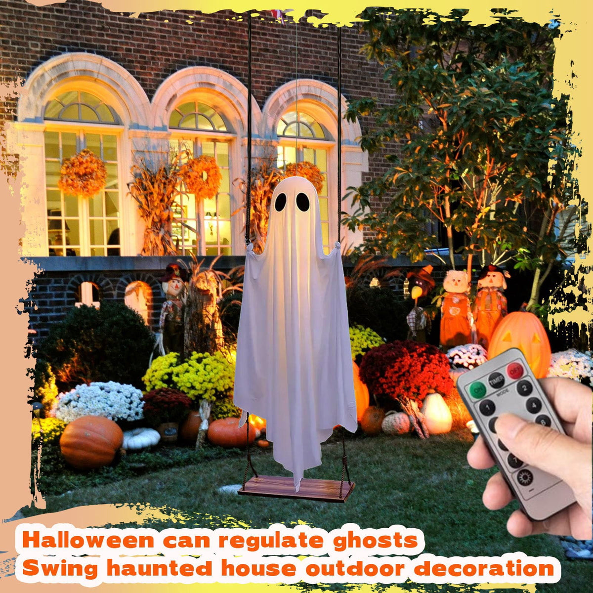 4.72 FT Large Hanging Swing Ghost Halloween Decor with String Lights Remote Control Spooky Glowing Ghost Decorations for Outdoor Indoor Porch Yard Tree Halloween Party Scary Decor