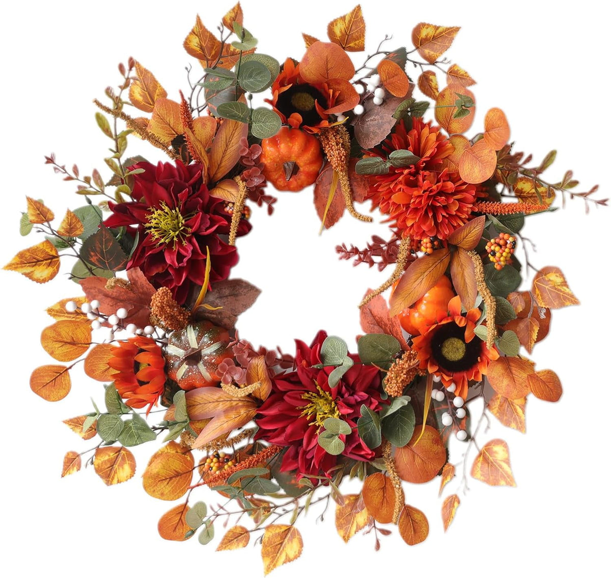 24 Inch Fall Wreaths for Front Door Outside, Fall Door Wreath with Pumpkins,Dahlia,Sunflowers, Maple Leaves,Autumn Wreaths Decorations for Harvest Thanksgiving Halloween Indoor Outdoor Home Decor