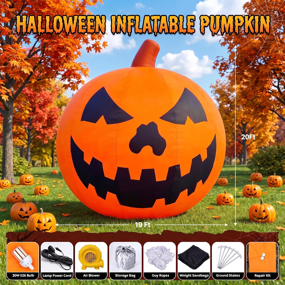 BPMIO 20FT Halloween Giant Inflatable Pumpkin Outdoor Yard Decoration with 550W Blower, 420D Oxford UL-Certified LED Light for Garden Commercial Party