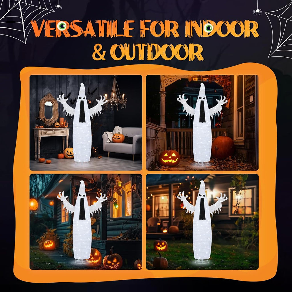 VINGLI 4FT Scary Lighted Halloween Decorations Outdoor, Pop Up Halloween Ghost Decorations, Light Up Ghost Decor with Pre-lit 135 LEDs, Cute Broom, Black Hat for Porch Yard Lawn Patio
