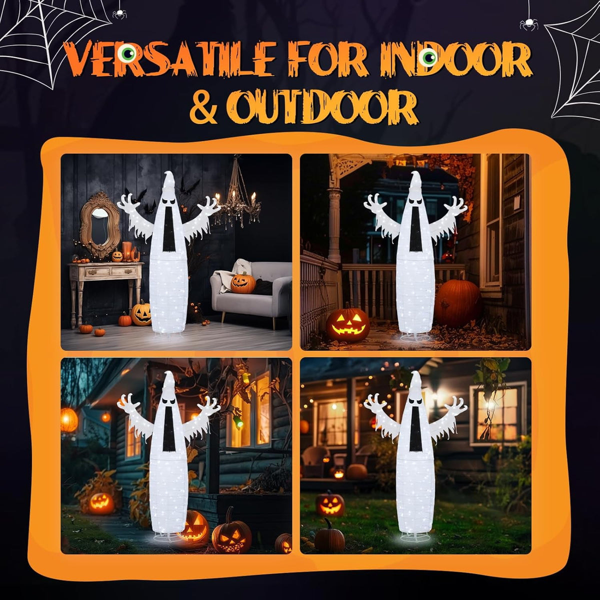 VINGLI 4FT Scary Lighted Halloween Decorations Outdoor, Pop Up Halloween Ghost Decorations, Light Up Ghost Decor with Pre-lit 135 LEDs, Cute Broom, Black Hat for Porch Yard Lawn Patio