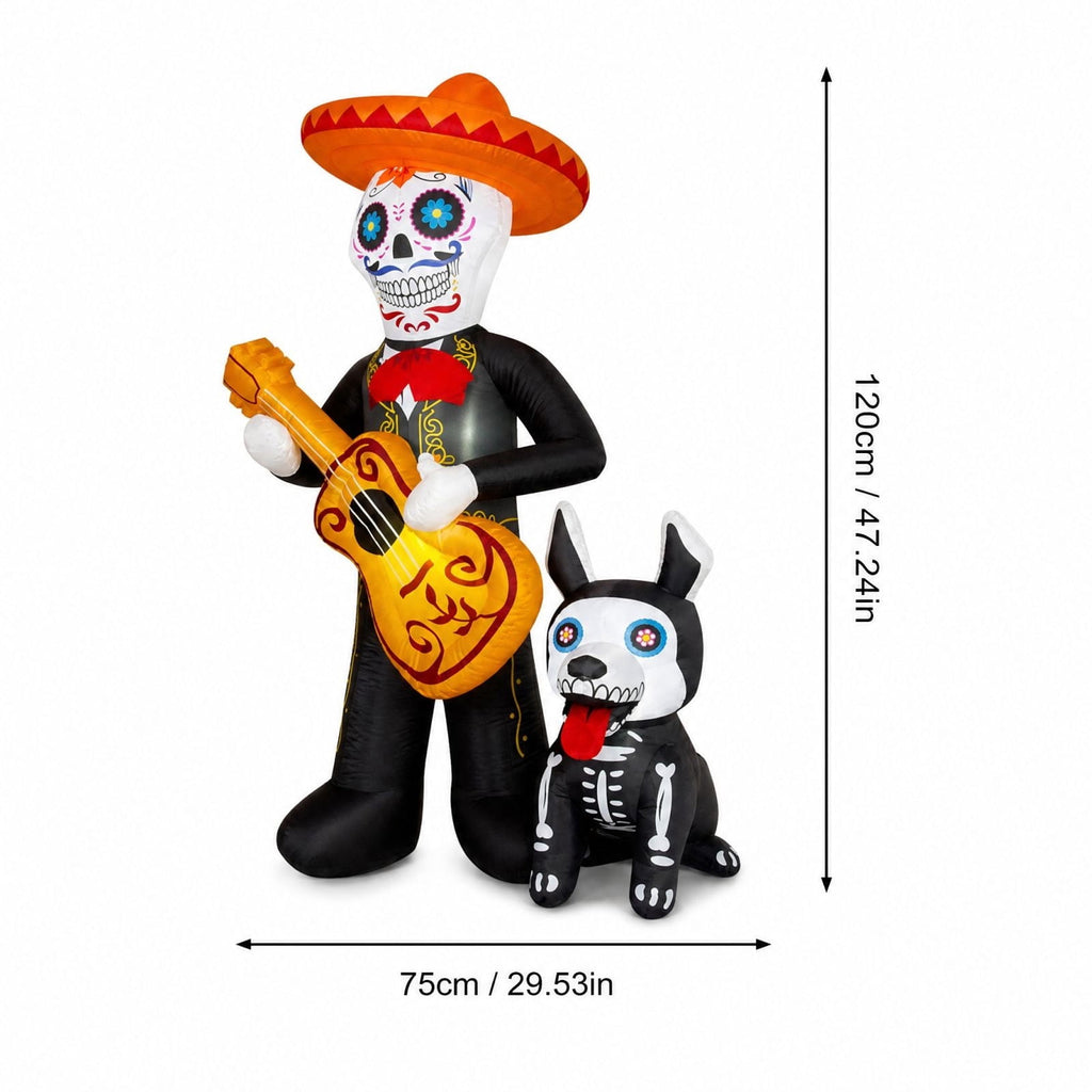 MInHoues 4 ft Halloween Inflatable Mold Ornament, Day of the Dead Skeleton Playing Guitar Decorative Molds, Polyester Spooky Yard Prop for Indoor Outdoor Party Yard Decor
