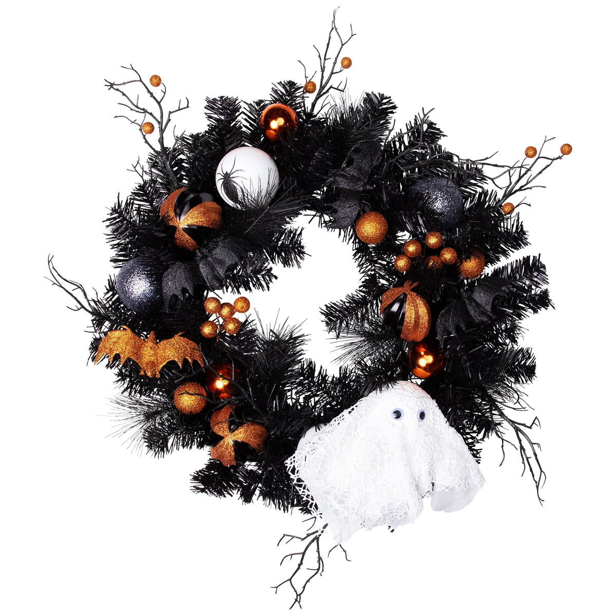 Northlight Ornaments and Ghost Halloween Twig Pine Wreath - 24" - Orange and Black - Unlit