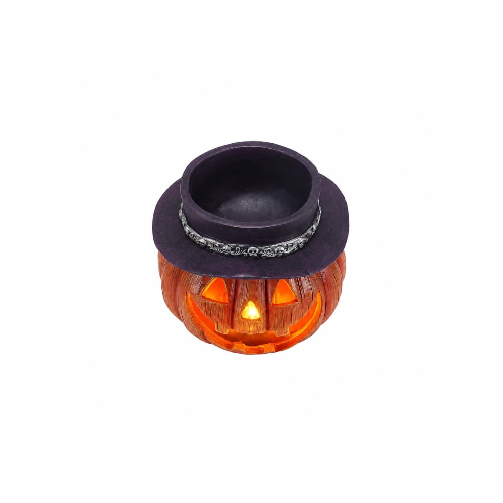 Light Up Pumpkin Candy Bowl with Witch Hat, LED Jack O Lantern Tabletop Decor, Spooky Resin Storage Container for Home Halloween Party