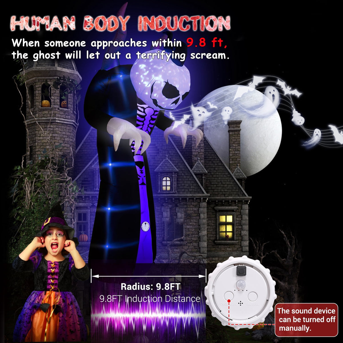 Novtech 10 FT Grim Reaper Halloween Inflatables, Pumpkin Head, Motion Activated Scream, 8 RGB Light Modes, Blow Up Outdoor Yard Decorations for Trick or Treat, Lawn Garden Party & Scary Haunted House
