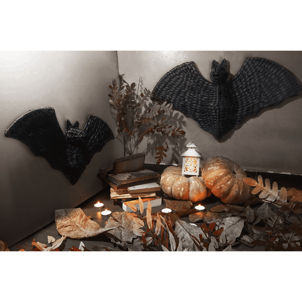 Set of 2 Handwoven Black Bat Wall Hangings – Halloween Rattan Décor Accents