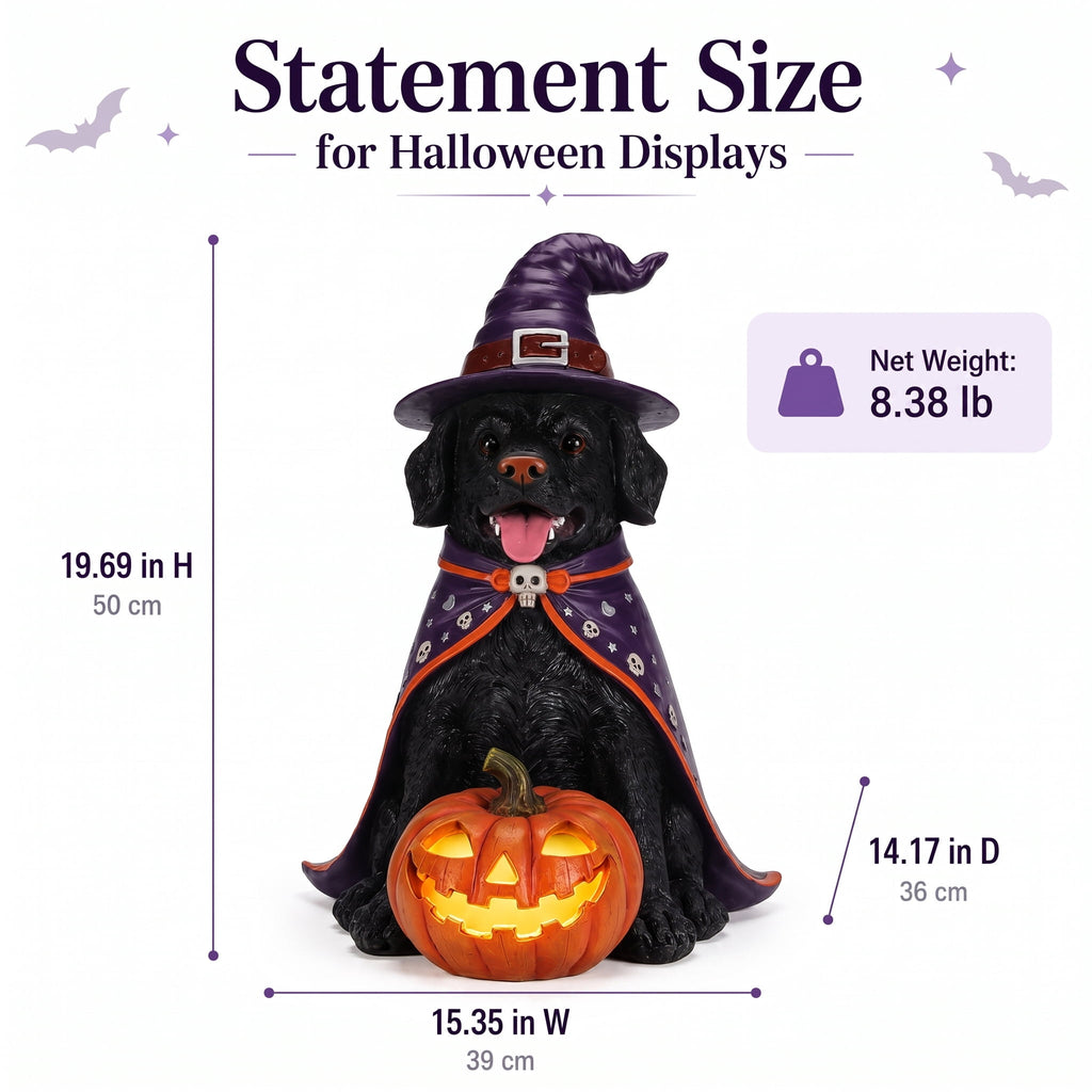 A7Store Halloween Golden Retrieve Dog Indoor Outdoor Porch Statue with Lighted Pumpkin, Pink Witch Hat and Cape