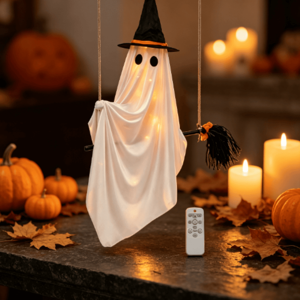 Halloween Decorations Outdoor, Lighted Hanging Ghost Decor with Witch Hat & Broom, LED Flying Ghost Decoration for Porch, Yard, Tree, Patio, Haunted House & Indoor Party 43.3in