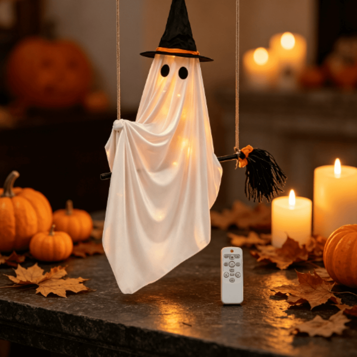 Halloween Decorations Outdoor, Lighted Hanging Ghost Decor with Witch Hat & Broom, LED Flying Ghost Decoration for Porch, Yard, Tree, Patio, Haunted House & Indoor Party 43.3in