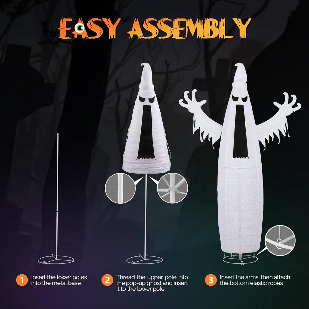 VINGLI 4FT Scary Lighted Halloween Decorations Outdoor, Pop Up Halloween Ghost Decorations, Light Up Ghost Decor with Pre-lit 135 LEDs, Cute Broom, Black Hat for Porch Yard Lawn Patio