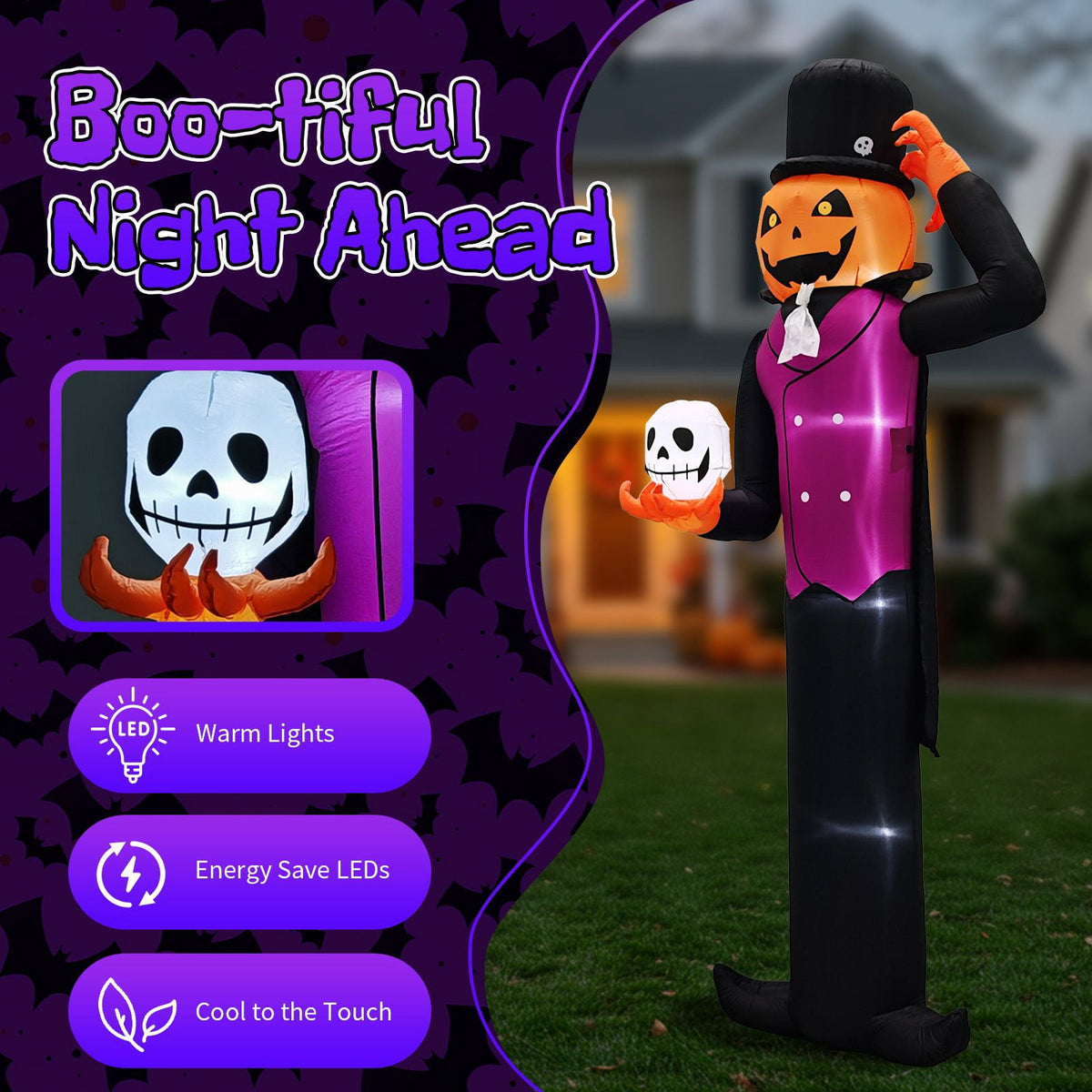 12FT Halloween Inflatable Pumpkin Man Holding Skull Outdoor Decor with Built-in LED Lights Waterproof Polyester Blow Up Yard Ornament