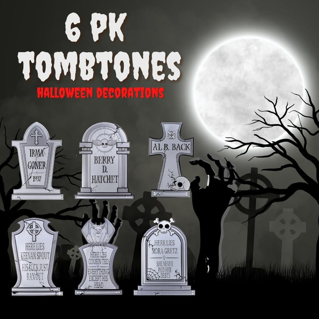 3-D Metal Halloween Ghost Cemetery 17" Tombstones - Set of 6 with Stakes, Metal Outdoor Yard Decoration with Stakes, for Haunted House and Graveyard
